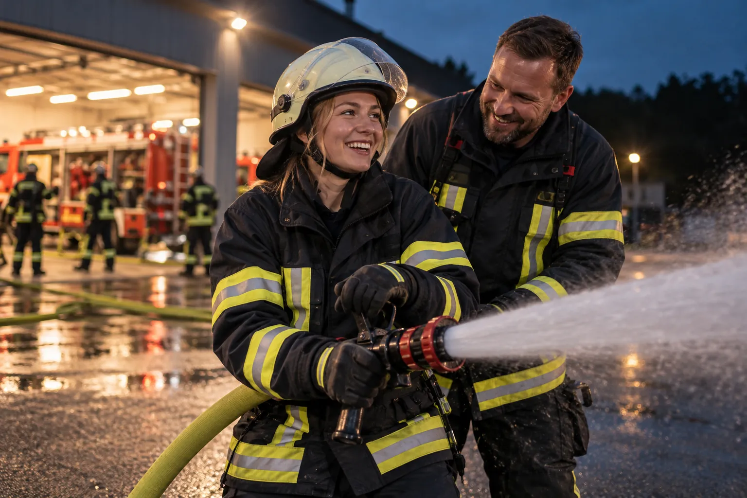 Neue Teilnehmerin hält mit Helm ein Strahlrohr, daneben ein Ausbilder