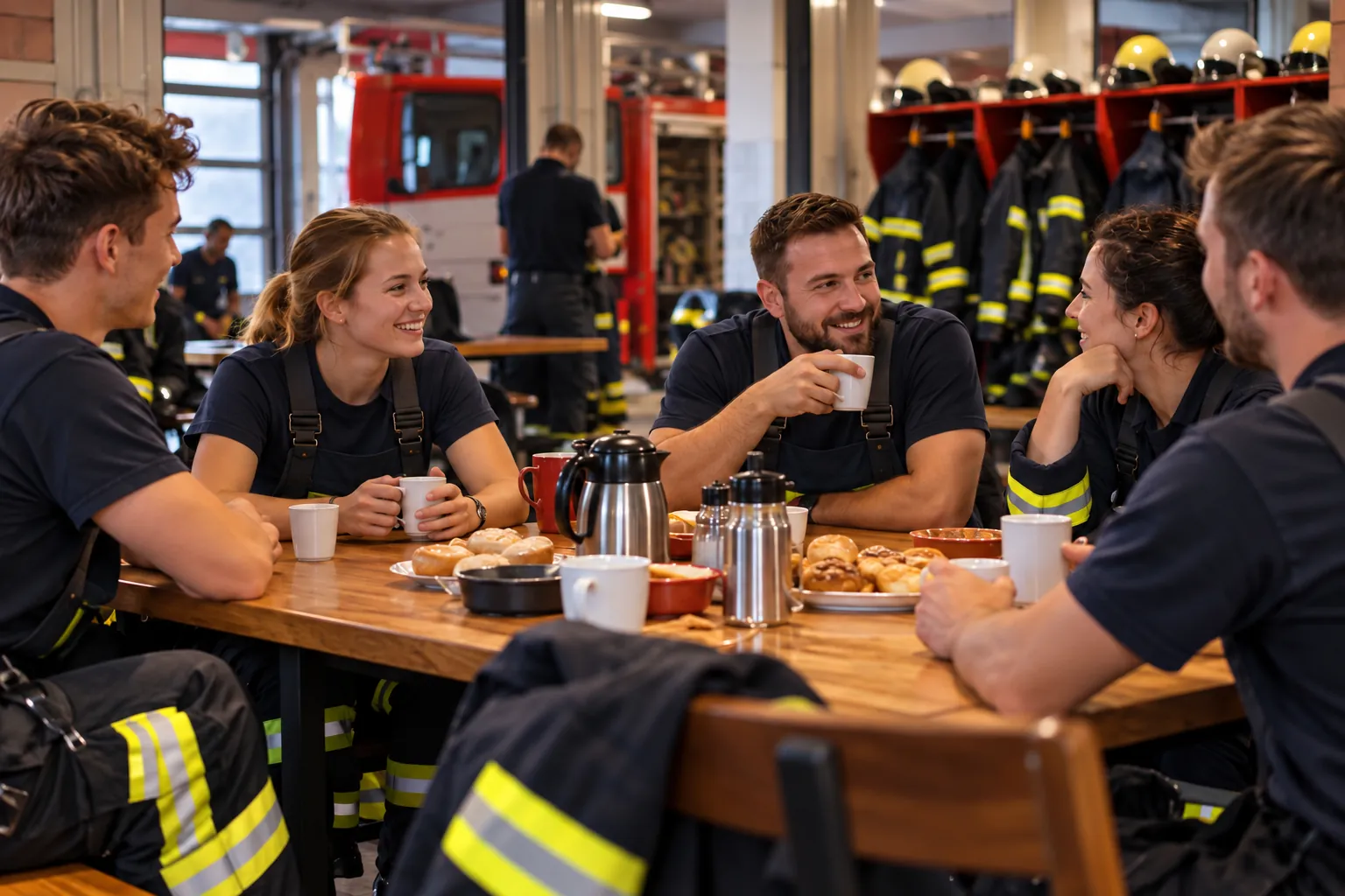 Gruppe sitzt nach der Übung bei Kaffee und Essen am Tisch im Gerätehaus