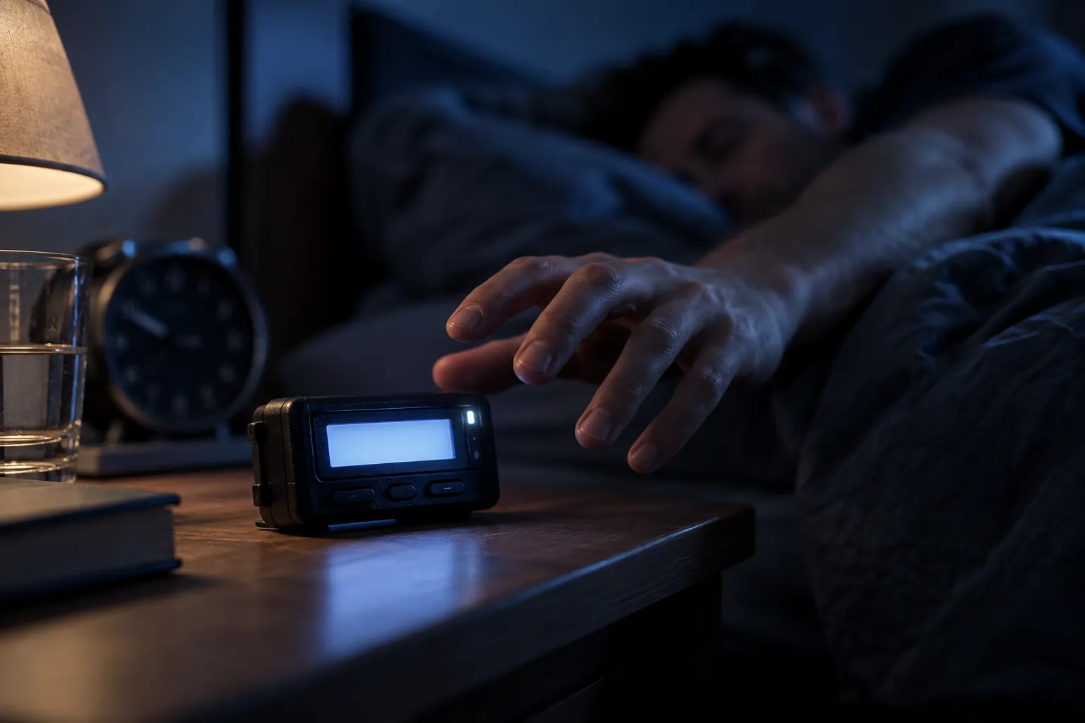 Person im Bett greift nachts nach dem Funkmeldeempfänger auf dem Nachttisch
