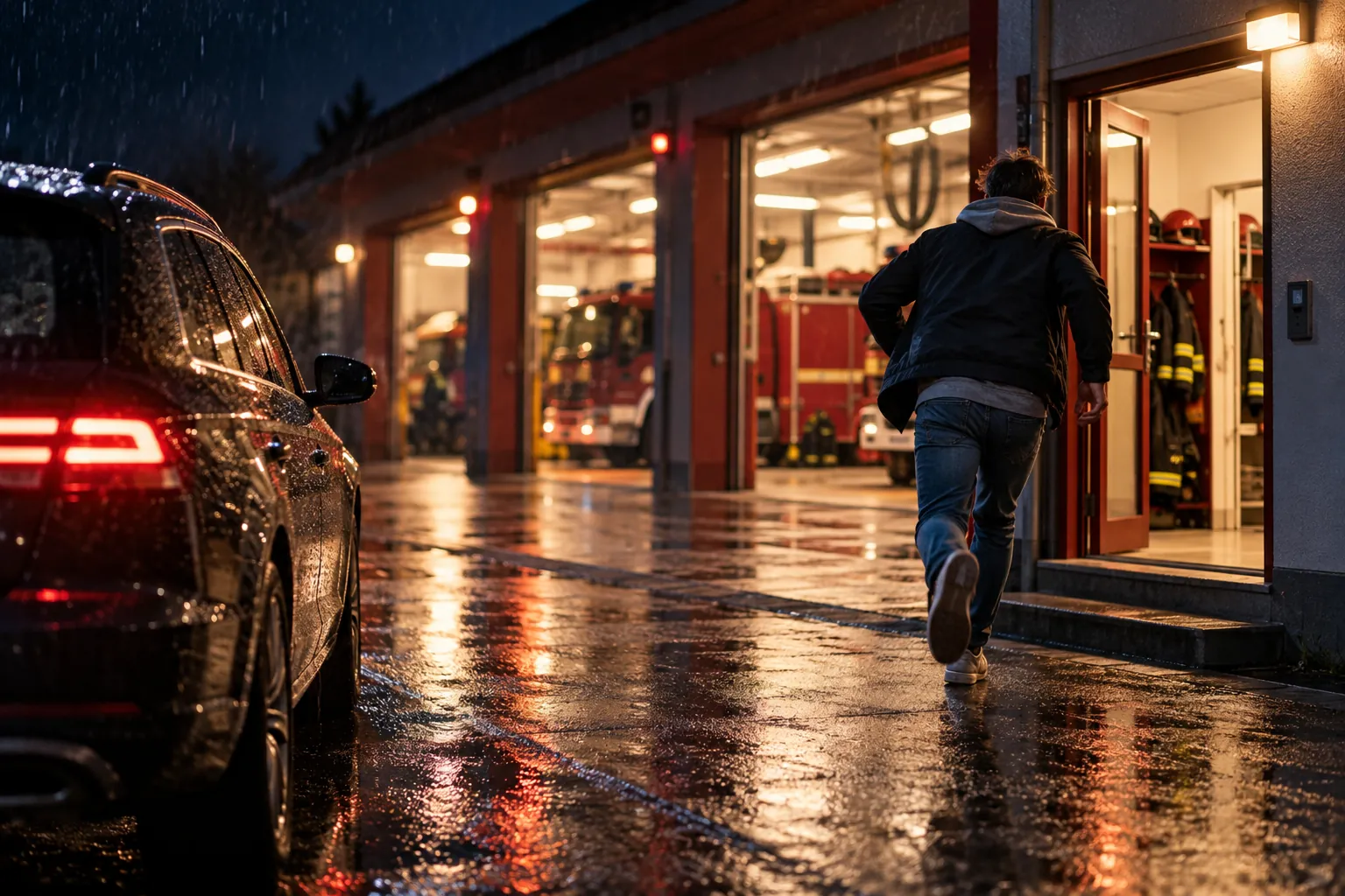 Person läuft im Regen vom Auto zum beleuchteten Gerätehaus