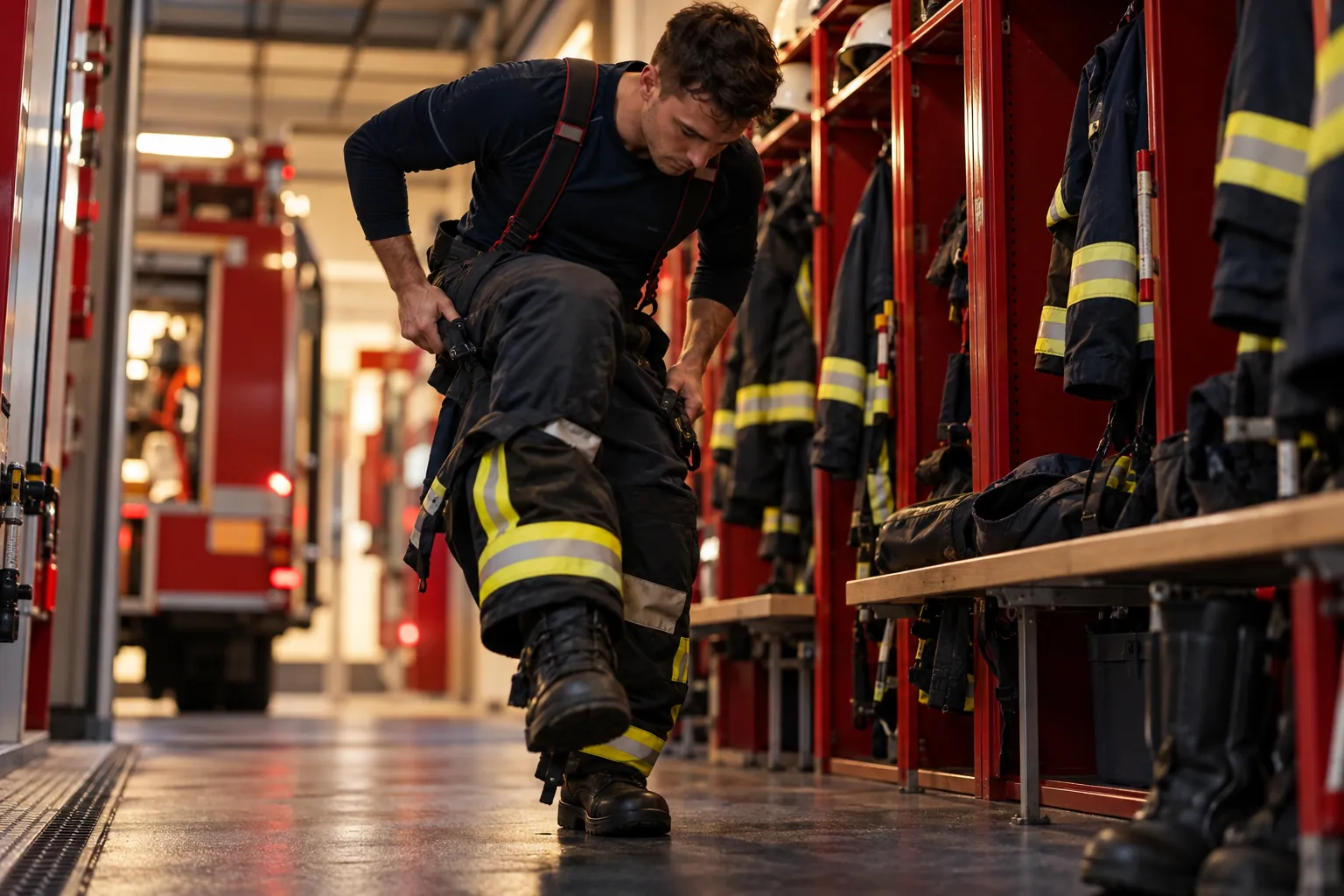 Einsatzkraft steigt am Spind in Einsatzhose und Stiefel