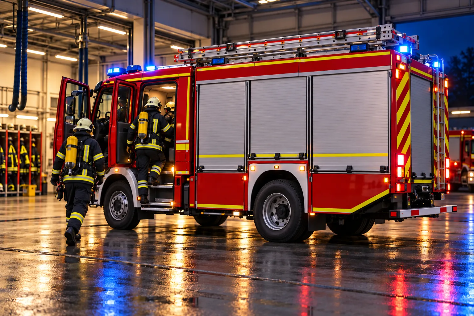 Einsatzkräfte steigen in der Fahrzeughalle in das Löschfahrzeug
