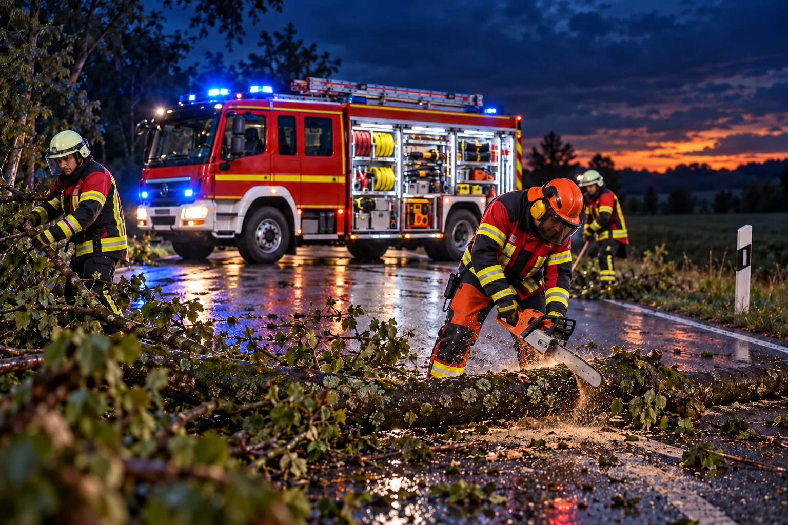 Einsatzkraft zersägt einen umgestürzten Baum auf der Straße