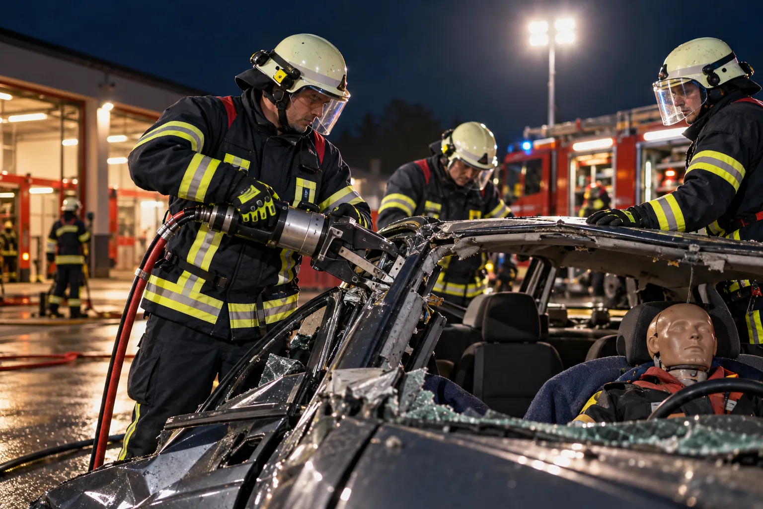 Einsatzkräfte an einem verunfallten Auto mit eingeschlossener Person