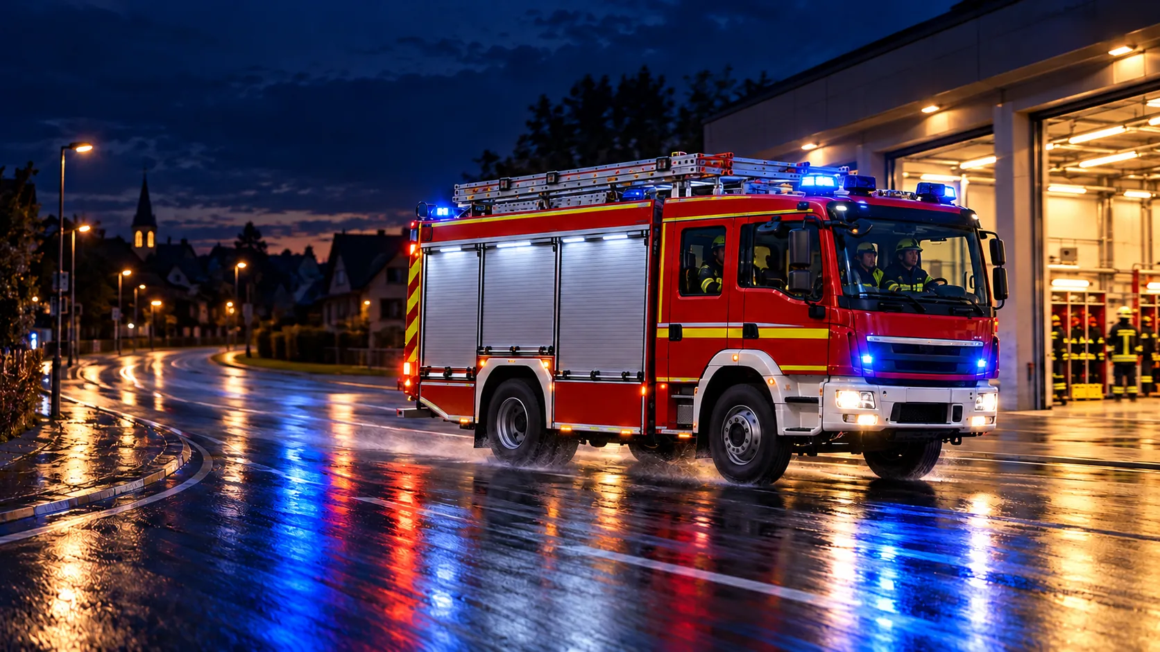 Löschfahrzeug mit Blaulicht auf nasser Straße vor einem Ort in der Abenddämmerung