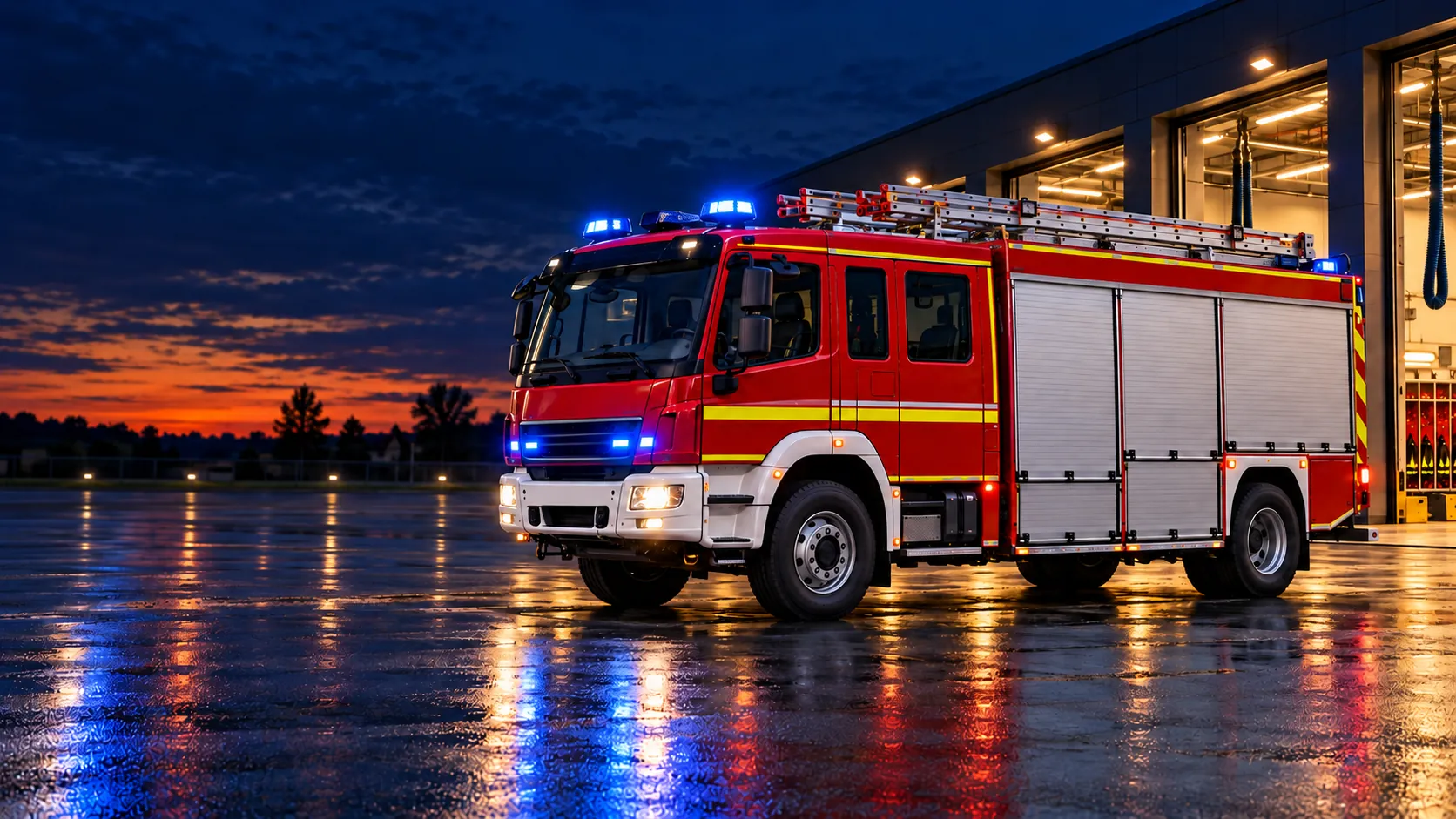Löschfahrzeug in der Abenddämmerung vor dem Gerätehaus