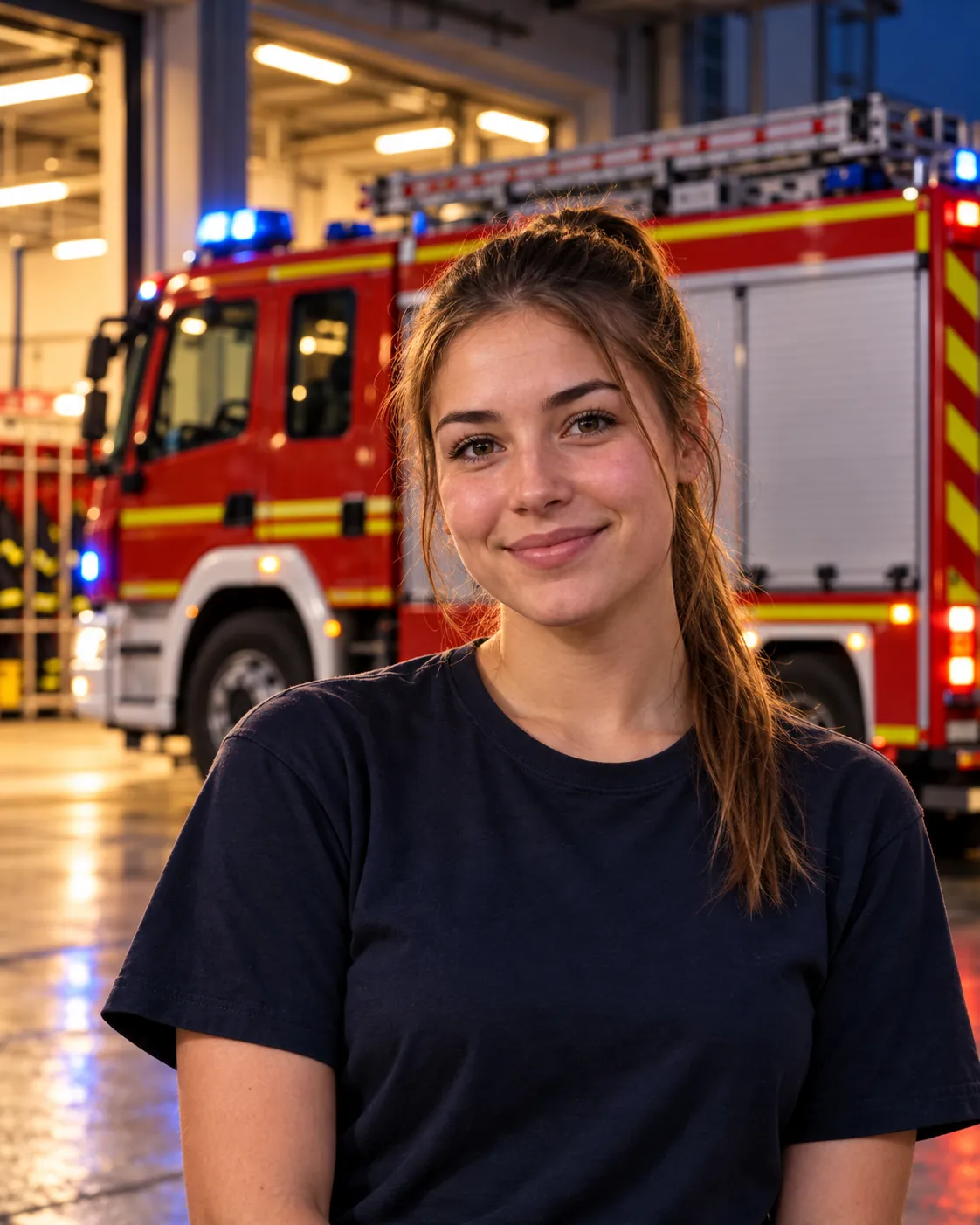 Porträt einer jungen Frau vor einem Löschfahrzeug