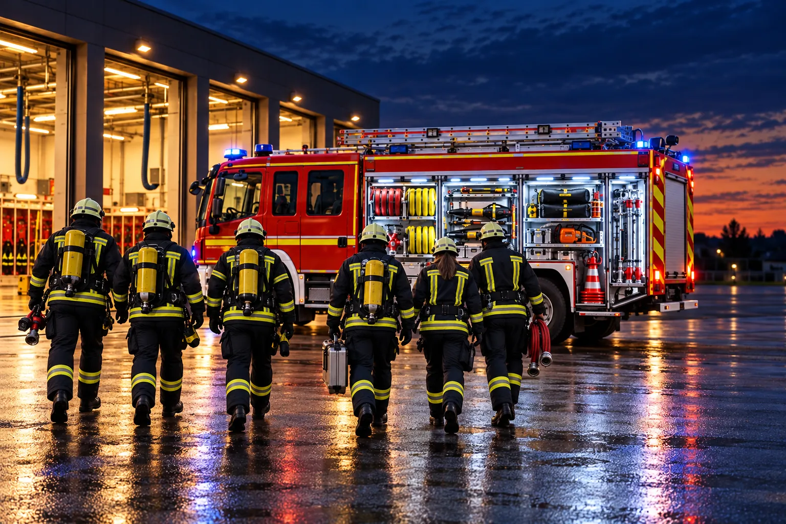Einsatzkräfte in Schutzkleidung gehen zum Löschfahrzeug