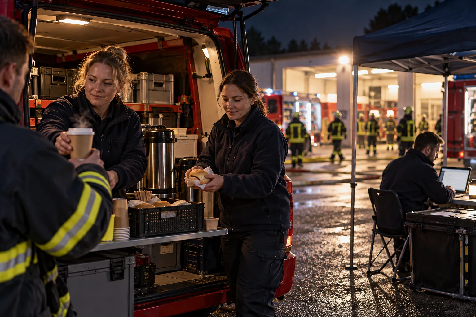 Zwei Personen geben an einem Versorgungsfahrzeug Verpflegung aus