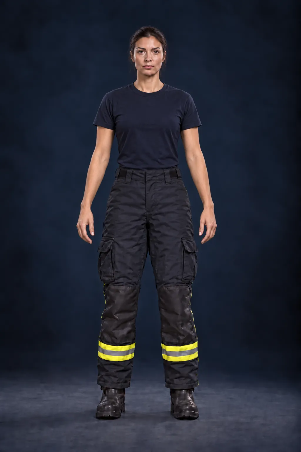 Feuerwehrfrau in Schutzausrüstung, Stufe 01: Einsatzhose und Stiefel
