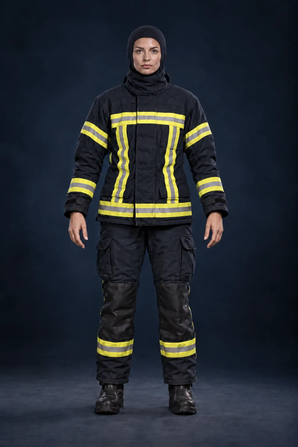 Feuerwehrfrau in Schutzausrüstung, Stufe 03: Flammschutzhaube