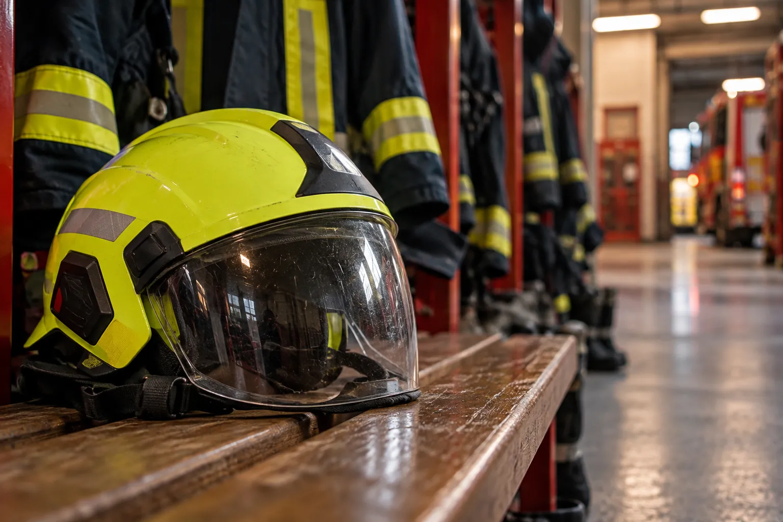 Feuerwehrhelm auf einer Bank vor Spinden