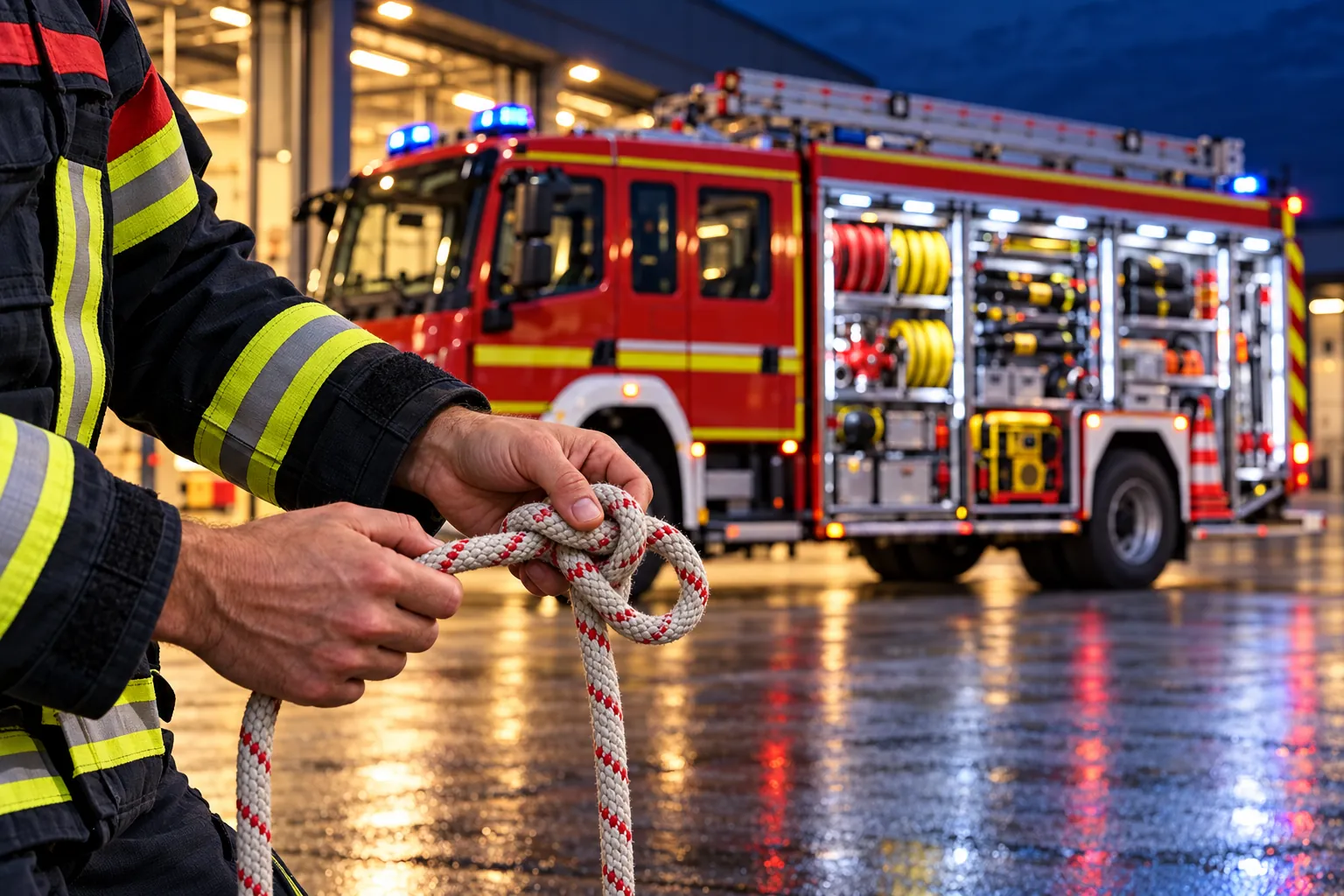 Hände in Einsatzkleidung knüpfen einen Knoten